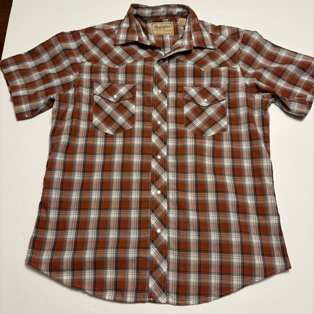 Wrangler Western Shirt Mens Large Brown Plaid Pearl Snap Short Sleeve Yoke